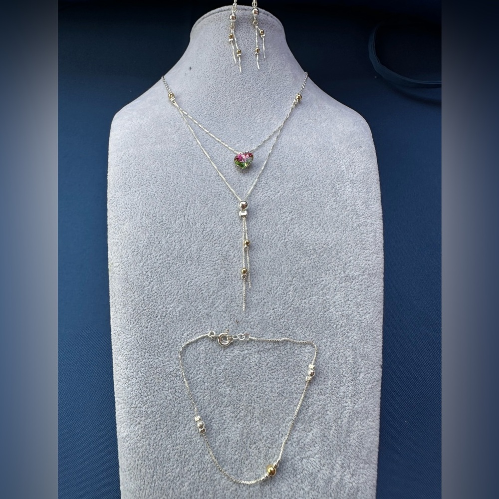 925 Sterling Silver Necklace,Bracelet, Earrings Set with Pink and Green Accent